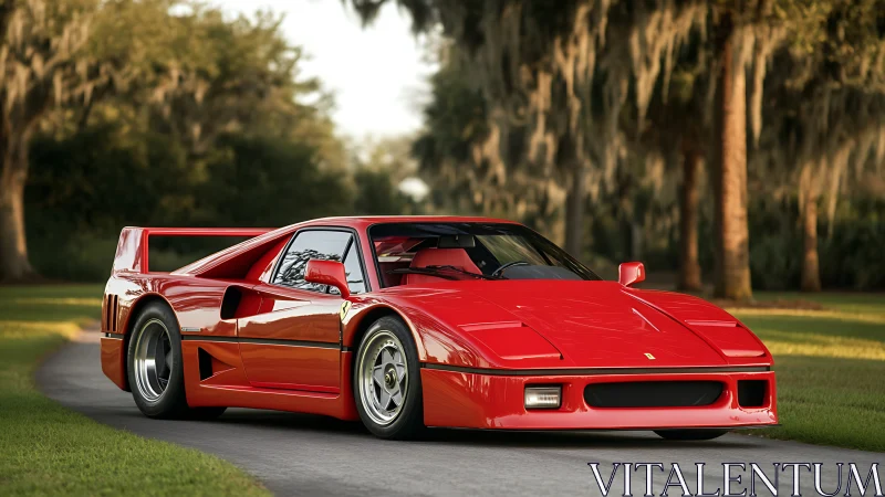 Red mid‑engine sports car parked on curved driveway outdoors