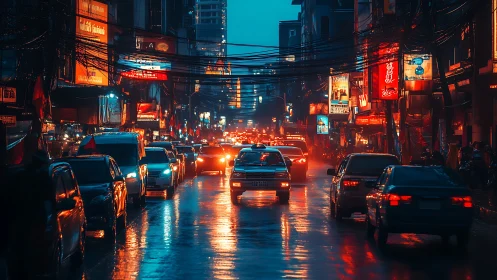Rain-soaked neon traffic hums through a dusk-blue city artery