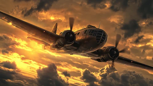 Twin‑engine vintage bomber rendered in sunset cloudscape