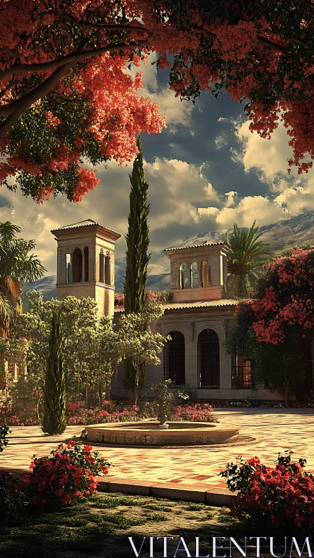 Mediterranean courtyard with fountain, trees and towers.