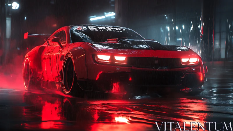Red muscle car drifting through neon rain-soaked city streets.