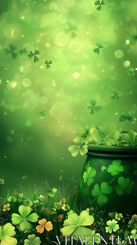 Digital shamrock field with luminous bokeh depth rendering.