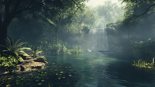 Verdant Oasis: Waterfall's Whisper Through Emerald Sanctuary.