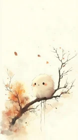 Fluffy white creature perches quietly on sparse autumn branch