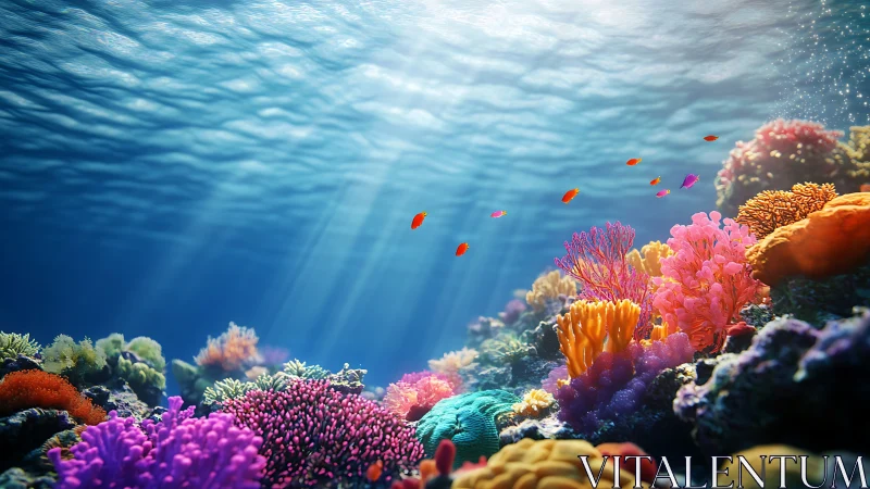 Sunlit coral kingdom blooms beneath glittering ocean ceiling.