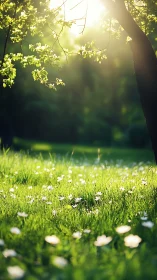 Sunlit tree and wildflower meadow in soft morning light.