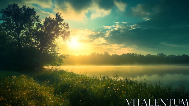 Backlit lakeside meadow under low sun with atmospheric mist gradients