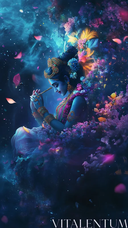 Divine blue figure plays flute amid glowing cosmic petals
