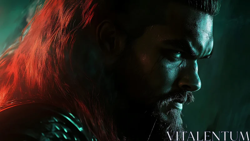 Storm-lit warrior in emerald shadows and ember glow.