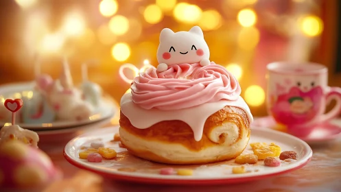 Decorated pastry with cat figurine and frosting
