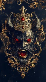 Baroque demonic bust with gilded filigree crown and glowing eyes