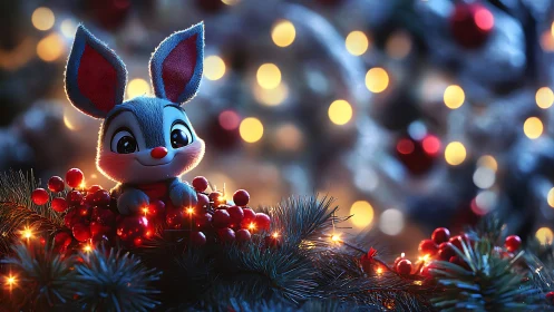 3D holiday bunny mascot amid pine bokeh illumination.