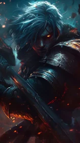 Demonic swordsman ignites twilight battlefield with fury.