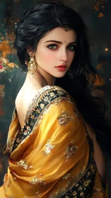 Digital portrait depicts woman in gold sari with side pose