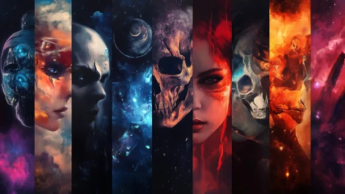 Segmented cosmic portraits with skull motifs, digital painting.
