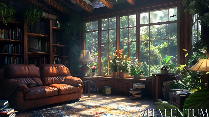 Sunlit reading lounge with large window and indoor plants