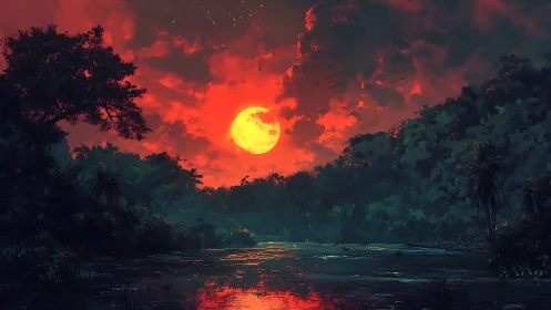 Scarlet jungle moon ignites a misty river at twilight.