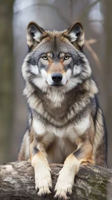 Front-facing timber wolf portrait with high-detail fur rendering.