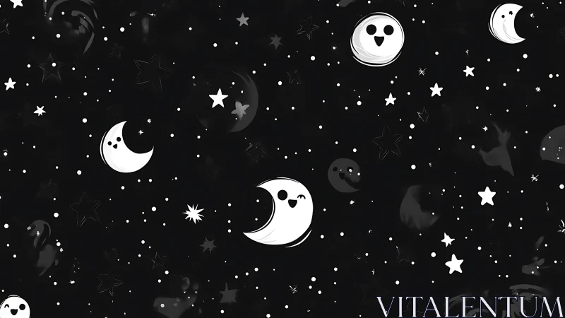 Monochrome pattern with crescent moons and cartoon stars.