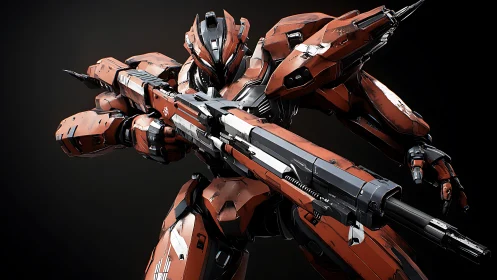 Armored red combat mech aims large futuristic rifle forward