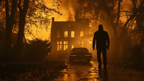 Solitary Figure Approaches Burning Manor in Misty Autumn Night