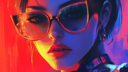 Neon-lit cyber muse with blazing shades and electric gaze.