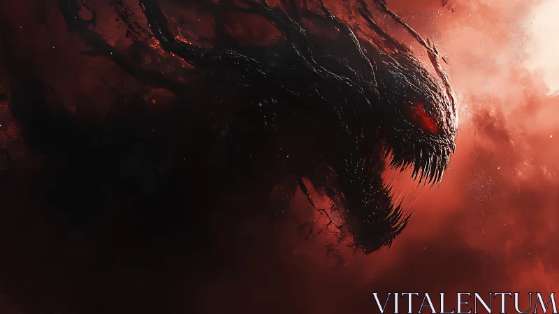Blood-red void leviathan grinning through cosmic smoke.