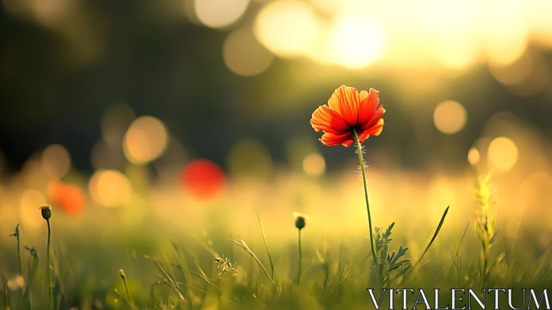 Sunlit orange wildflower quietly glows in a dreamy meadow
