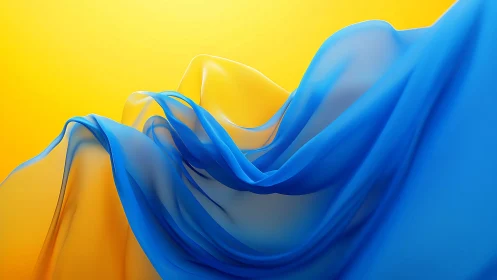 Billowing blue waves of fabric flow across a golden sky
