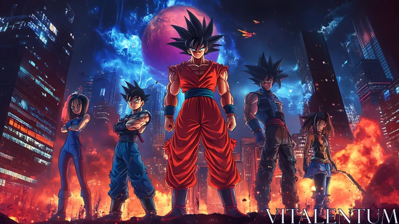 Celestial warriors ignite a neon city beneath a burning moon.