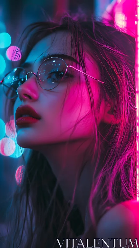 Woman with glasses lit by neon pink and blue city lights