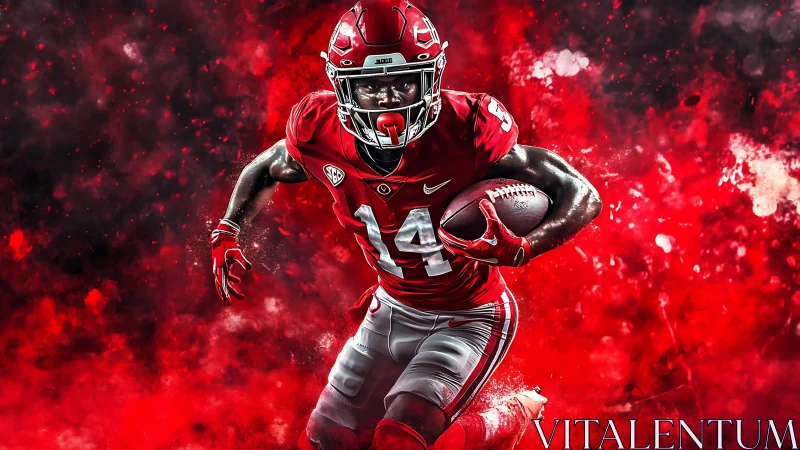 Intense red football player running with ball in smoky field.