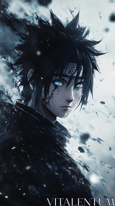 Brooding anime ninja portrait with blue eyes and debris field