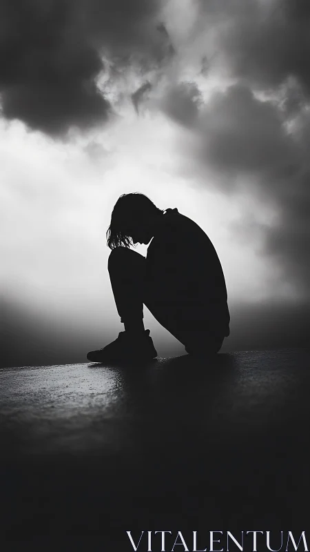 Silhouetted figure in stormy sky high-contrast composition.