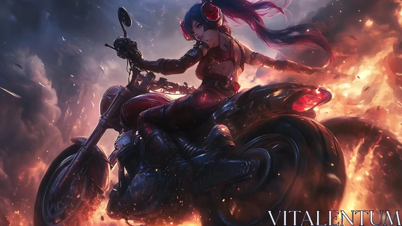 Fiery cyberpunk biker cuts through exploding storm road