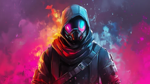 Neon cloaked wanderer stands calm in glowing cyberpunk haze