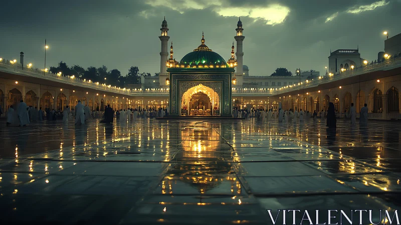Rainlit shrine courtyard dreaming in gold and emerald dusk.