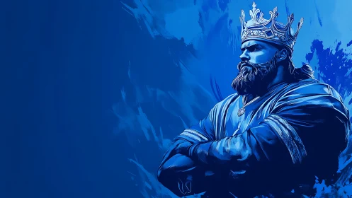 Blue digital portrait of crowned bearded male monarch figure.