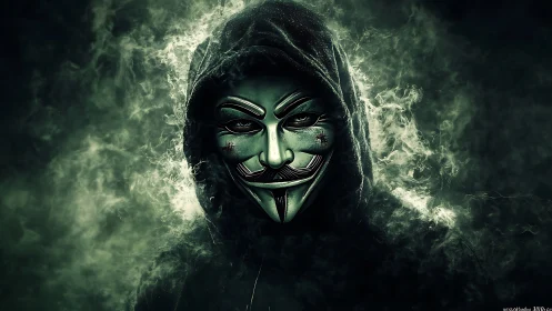 Hooded hacker mask emerges through swirling toxic smoke
