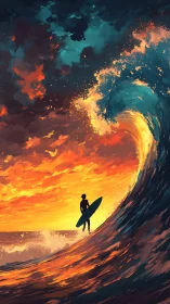 Surfer watching a fiery sunset wave in glowing ocean light.