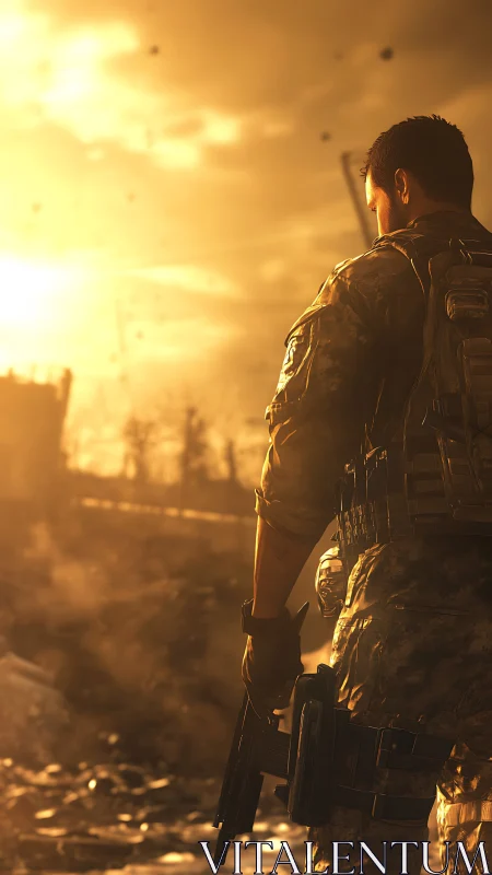 Battle-hardened soldier strides through burning warzone.