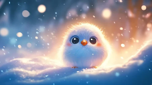 Adorable Fluffy Bird in Snowy Wonderland, Soft Glow Illustration.