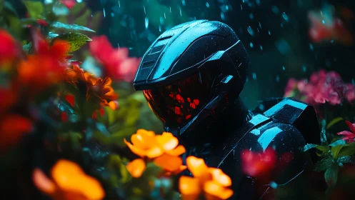 Futuristic armored helmet rests among glowing rain-soaked flowers.
