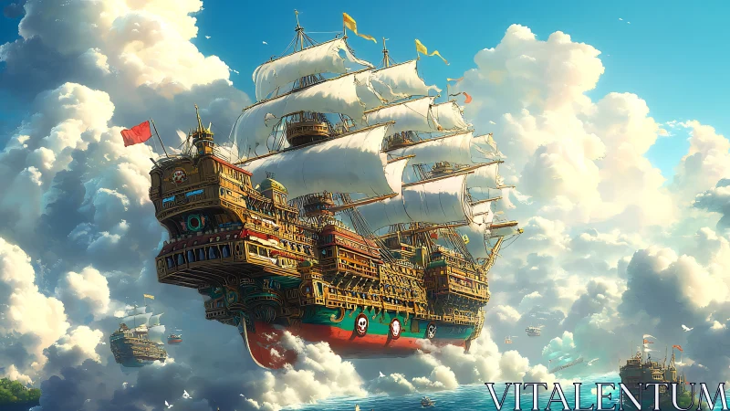 Baroque flying galleon sails through sunlit cloud ocean