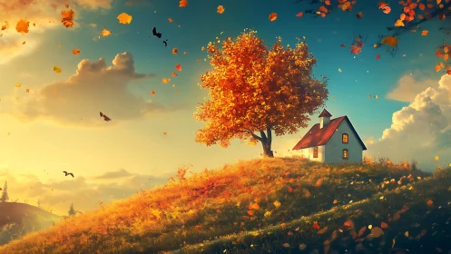 Autumn hillside microclimate with cottage and dynamic leaf field.