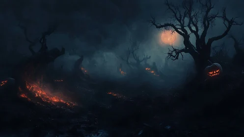 Hellfire jack-o-lanterns in a haunted midnight marshland.