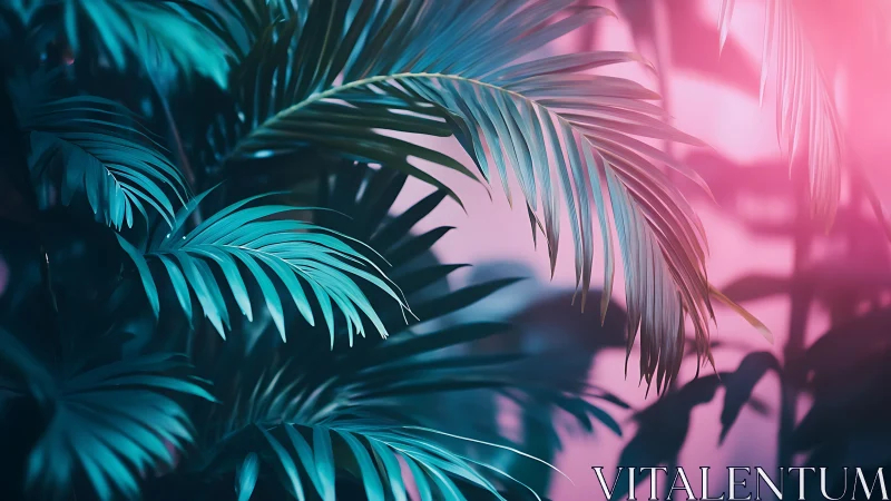 Palm foliage under colored light gradient backdrop.