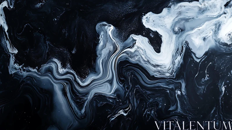 Abstract black and white fluid painting with swirling marble effect.