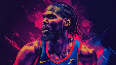 Neon-scorched baller slices through cosmic courtlight