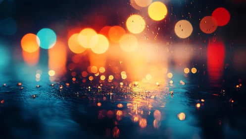 Neon city rain puddle with bokeh reflections at night.